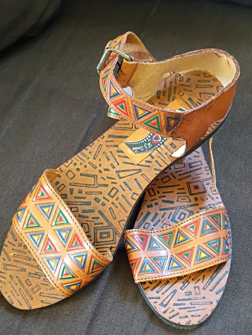 Women's Tan Leather Ankle-Strap Sandals with Multicolor Triangle Detail
